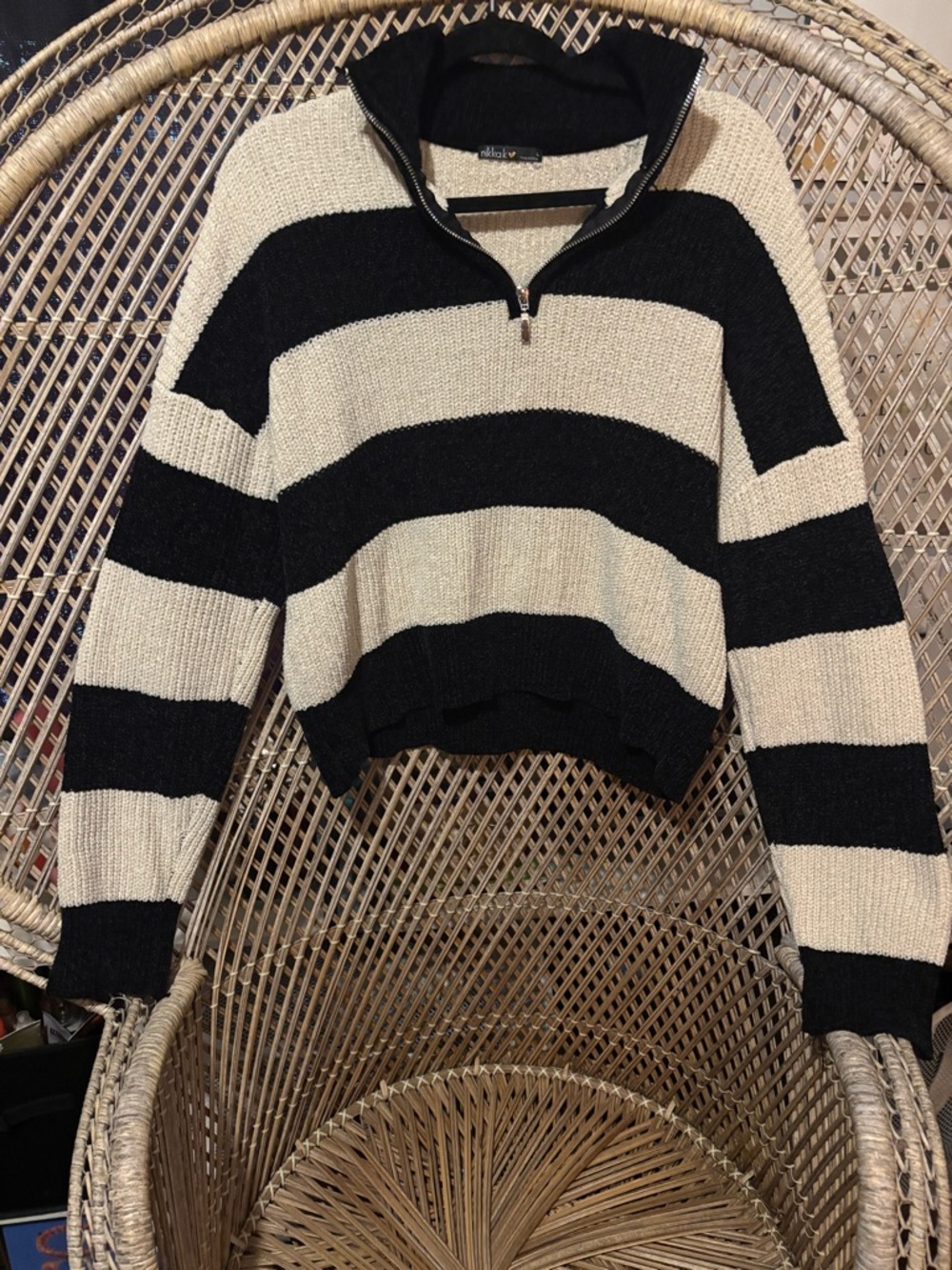 Striped Half-Zip Turtleneck Sweater - Black & Cream